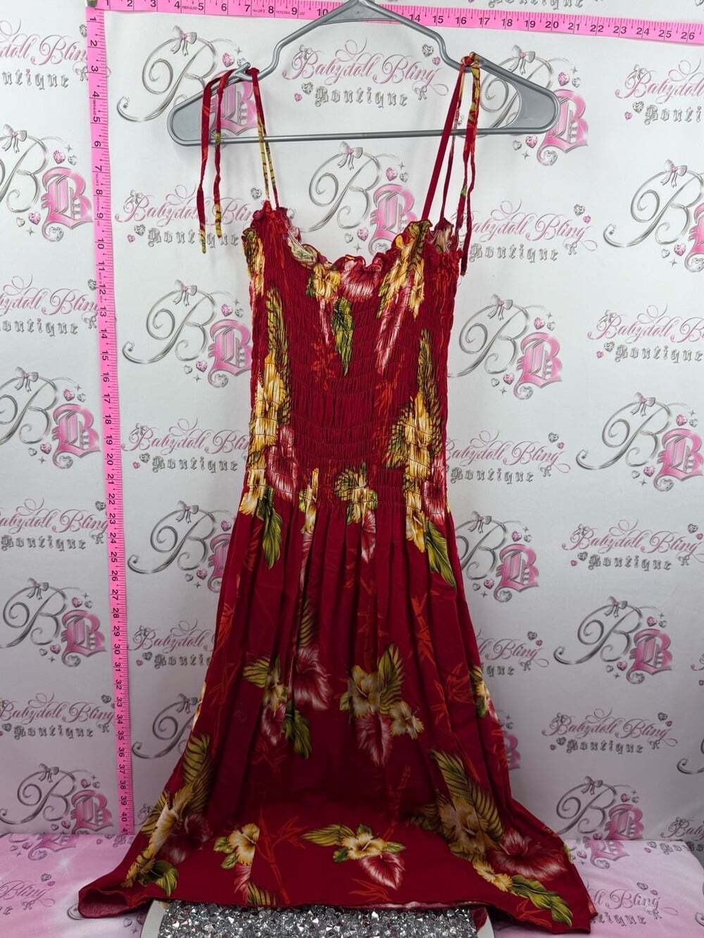 PARADISE Hawaii dress Red Floral Smocked Midi Dress with Spaghetti Straps